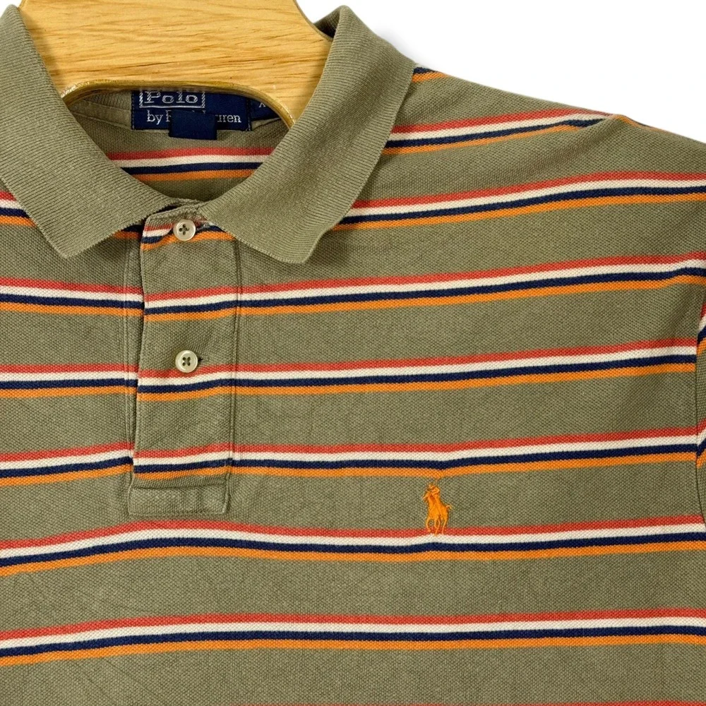 Vintage Polo Ralph Lauren Polo Shirt Men XL Tan Striped Fade Pique Cotton Pony‎